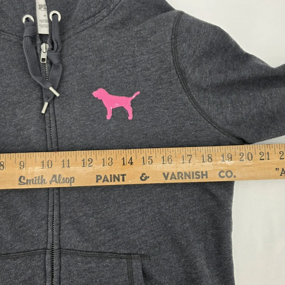 PINK Victoria's Secret Gray Neon Dog Logo Sequin Bling Full Zip Hoodie Medium